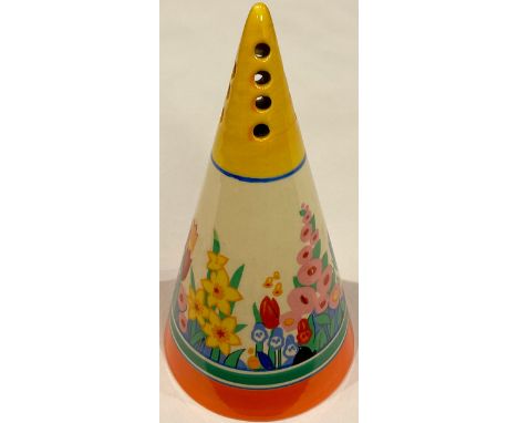 A Clarice Cliff Chloris pattern conical sugar sifter, transfer printed with summer flowers, applied with bands of yellow and 