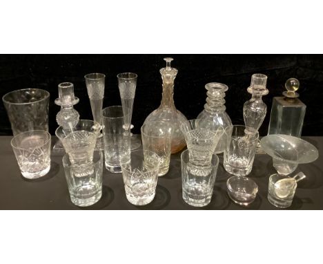 Glassware - 19th century and later cut glass including glasses, beakers, candlesticks, decanters, etc; a silver caddy spoon, 