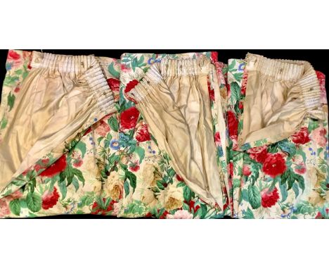 Textiles - a pair of Sanderson curtains, each curtain 198cm wide, 145cm long; another similar single curtain, 266cm wide, 145