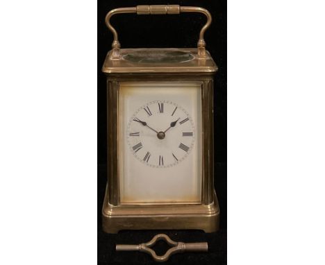 A lacquered brass five glass carriage clock, white enamel dial, Roman numerals, 18cm over handle, with key 