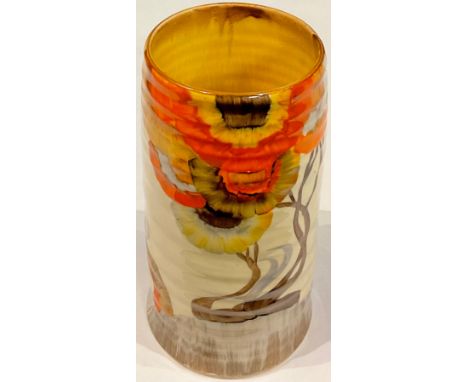 A Clarice Cliff Bizarre Rhodanthe pattern ribbed cylindrical vase, painted with bold flowers on a honey glaze ground, shape n