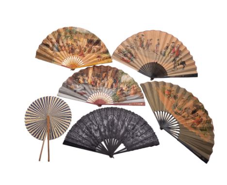 A group of four early 20th century Spanish fans, each with painted sticks and  lithograph decorated  leaf, together with an e