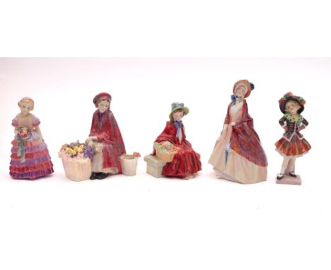 Five Royal Doulton figures, Pearly Girl HN1483, Bonnie Lassie HN1626, Paisley Shawl HN1988, Linda HN2106 and The Little Bride