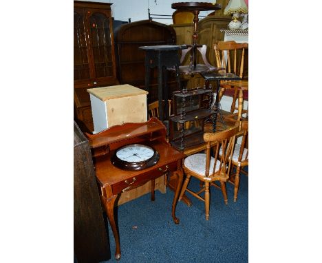 A MODERN LADIES WRITING DESK, a Victorian rosewood hanging whatnot, three items of occasional furniture and a round wall cloc