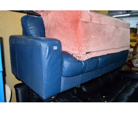 A BLUE LEATHER THREE SEATER SOFA