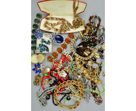 A BOX OF VINTAGE COSTUME JEWELLERY, etc