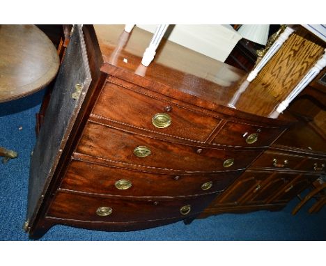 A GEORGIAN BOWFRONT CHEST, of two short over three long drawers, on splayed bracket feet, approximate size width 107cm x dept