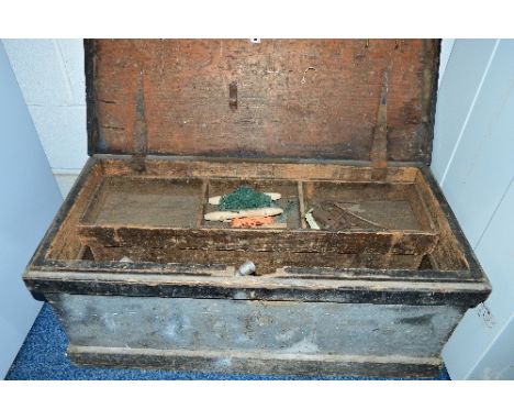 A VINTAGE PINE TOOLBOX, with two internal drawers and tools