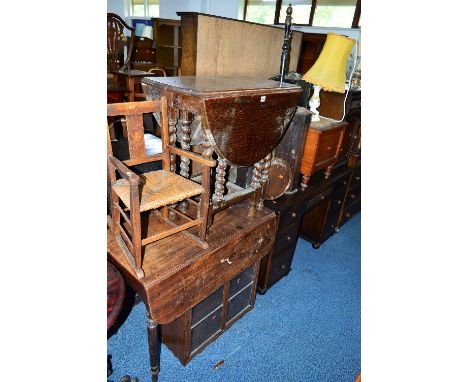 AN OAK BARLEY TWIST DROP LEAF TABLE, a Georgian mahogany Pembroke table, a rush seated rocking chair, an Edwardian commode, a