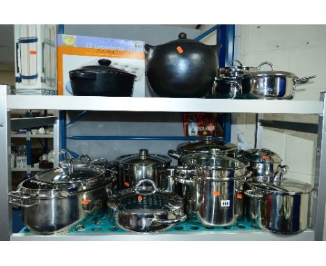 A QUANTITY OF STAINLESS STEEL PANS, a boxed cake tray, boxed vacuum flask, Chasseur casserole pot etc