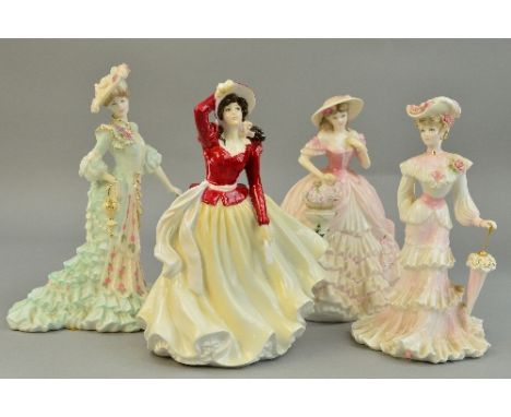 A BOXED ROYAL DOULTON FIGURE OF YEAR 1999, 'Alice' HN4003, with certificate, together with three limited edition Coalport fig