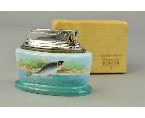 A BOXED MINTON PORCELAIN CASED RONSON TABLE LIGHTER, painted with leaping salmon signed A.Holland