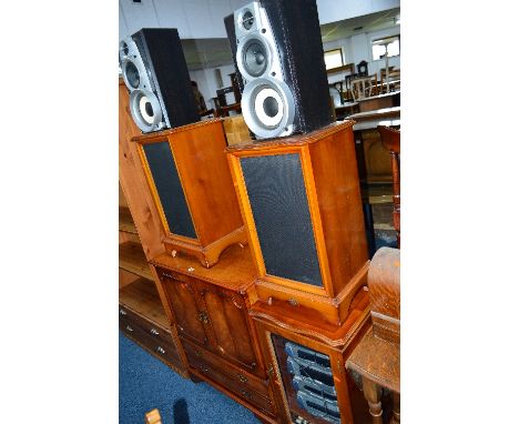 A YEW WOOD HI-FI CABINET, and two speaker cabinets, with Technics Component hi-fi and two speakers and a two door TV cabinet 