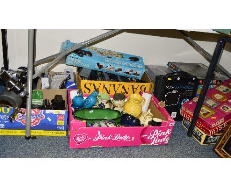 FIVE BOXES AND LOOSE SUNDRY ITEMS, CERAMICS ETC, to include games, cameras, telescope, metal detector, Carltonware 'Vert Roya