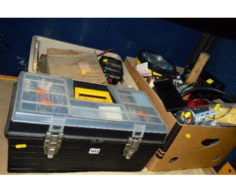 TWO TRAYS AND A TOOLBOX, with automotive gauges and tools