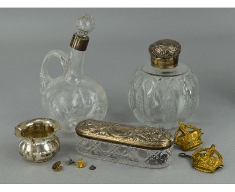 A MIXED LOT, to include silver topped perfume bottles, miscellaneous, etc 