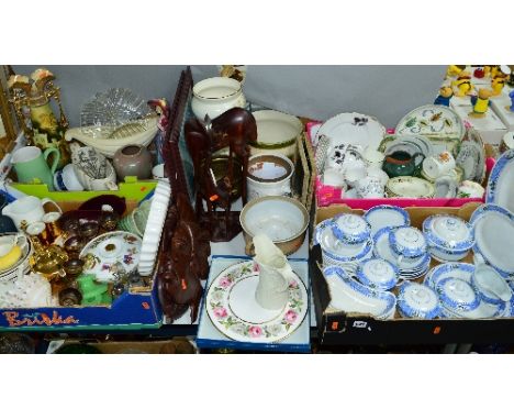 FOUR BOXES AND LOOSE CERAMICS, GLASS, PICTURES, CARVINGS ETC, to include Minton's 'Milton' dinnerwares, Gladstone china teawa