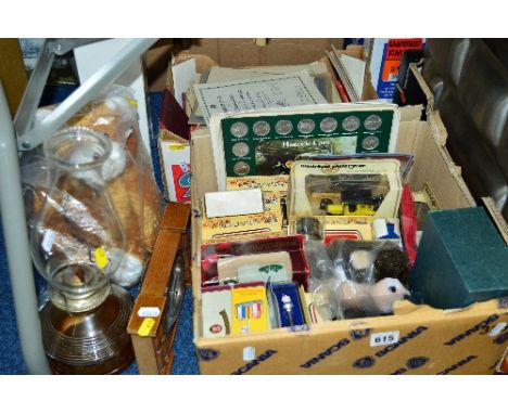 TWO BOXES AND LOOSE SUNDRY ITEMS, to include boxed die-cast cars, soft toys, sheet music, oil lamp, clock, doll etc