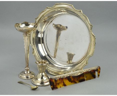 A MIXED LOT, to include plated bowl, silver comb, spoon, vase and dwarf candlestick (5)