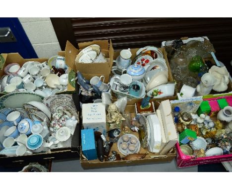 SEVEN BOXES AND LOOSE CERAMICS, GLASS ETC, to include boxed Franklin Mint collectors plates by Nigel Hemming, Royal Doulton t
