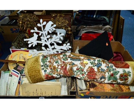 FOUR BOXES AND LOOSE SUNDRY ITEMS, to include metalwares, linen, tapestry, handbags, ephemera, Religious items, mortar board 