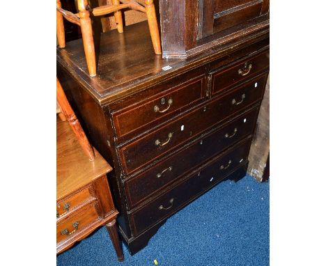 A GEORGIAN OAK, MAHOGANY AND SATINWOOD INLAID CHEST, of two short and three long graduating drawers with brass handles on bra