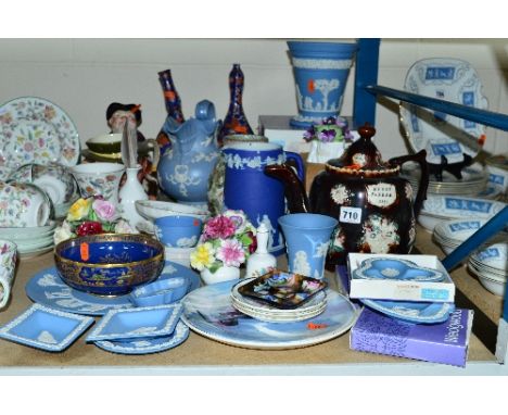 A MIXED GROUP OF CERAMICS, to include Wedgwood blue jasperwares, Measham barge ware teapot 'Henry Parker', Carlton ware blue 