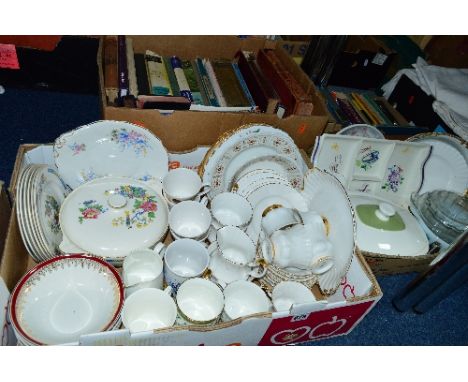 FOUR BOXES OF CERAMICS, BOOKS, GLASS, etc, to include Poole Pottery hors d'oeuvre dish, Royal Albert 'Val d'or' teawares etc