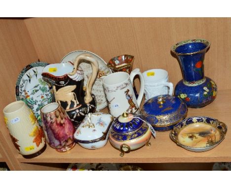 A SMALL GROUP OF CERAMIC VASES, JUG, TRINKETS ETC, to include Noritake desert scenes, Arcadian ware vase, Holkham tankard, Co