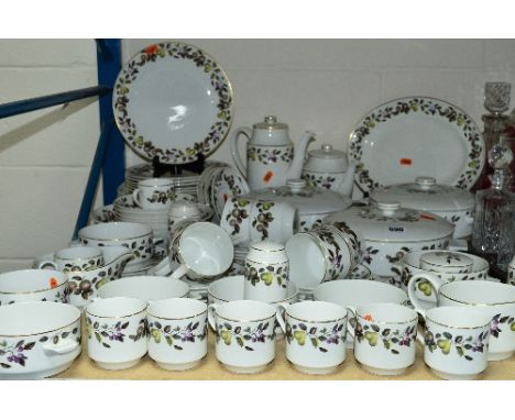 MIDWINTER 'EVESHAM' PATTERN TABLE WARES, to include teacups, coffee cups, saucers, plates, bowls, serving dishes with lids, c