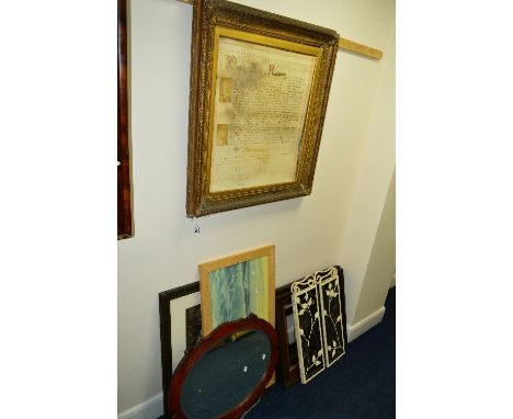 A VICTORIAN GILT PICTURE FRAME, five various mahogany picture frames, oval wall mirror, two framed pictures and a metal fires