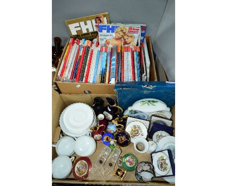 TWO BOXES CERAMICS, GLASS, FHM MAGAZINES ETC, to include Limoges white teawares, Limoges trinkets, boxed Royal Worcester 'Tri