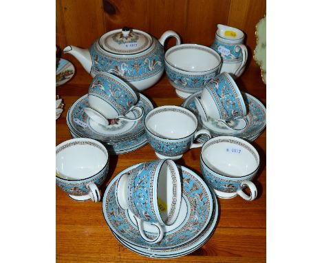 WEDGWOOD 'FLORENTINE' TEAWARES, W2714, to include teapot, milk jug, sugar bowl, six cups, six saucers and six side plates (on