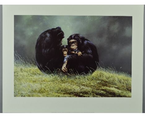 SPENCER HODGE (BRITISH 1943) 'FAMILY PORTRAIT', a limited edition print of a family of chimpanzees, 46/350, signed and number