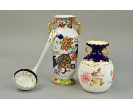 A MINTONS TWIN HANDLED VASE, florally decorated on white/blue ground, with gilt trim, height approximately 13cm, an oriental 