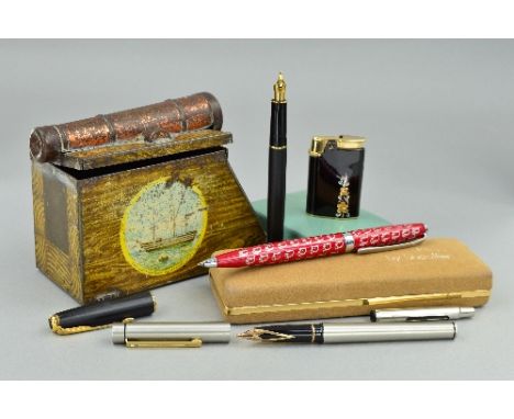 A MIXED LOT, to include a 1914 Huntley & Palmer 'Cannon' biscuit tin, Ronson lighter, Sheaffer pen, Parker and one other