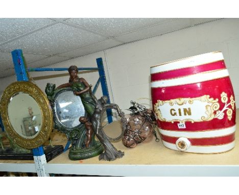 A LARGE CERAMIC SPIRIT BARREL 'GIN', approximate height 40cm, together with a Crosa Deco style mirror, a bronzed Deco sculptu