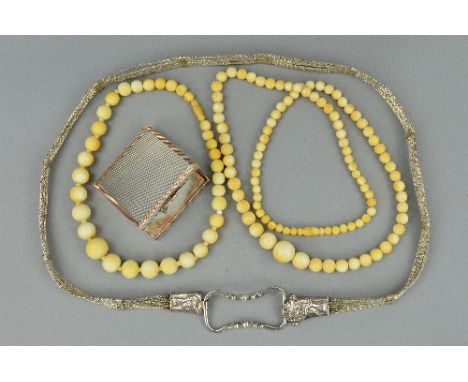 A SILVER COMPACT, a Continental white metal belt and two Victorian ivory bead necklaces