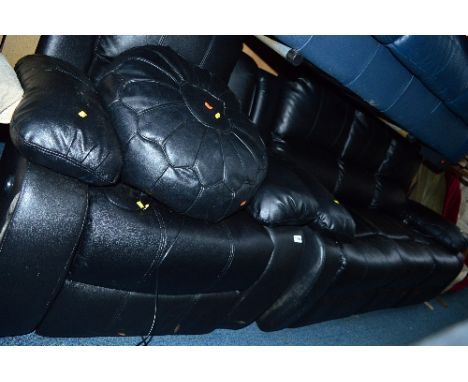 A BLACK FAUX LEATHER ELECTRIC RECLINING THREE SEATER SOFA, and matching chair with pouffe