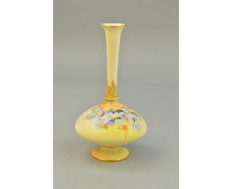 A ROYAL WORCESTER BUD VASE, florally decorated on blush ivory ground, puce backstamp No 1748 and RD No 234429, approximate he