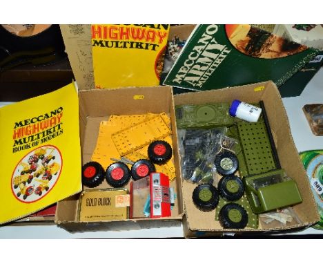 A QUANTITY OF UNBOXED MECCANO MULTI-KIT ITEMS, from both the Army and Highway sets, cabs, wheels, tracks, contents not checke