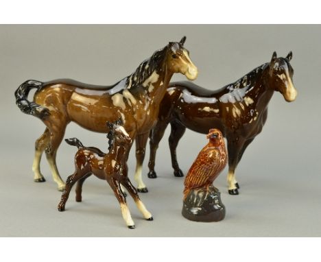 THREE BESWICK BROWN HORSES, 'Quarter Horse' No2186, Foal (large, stretched), No836, 2nd version and Swish Tail Horse No1182, 