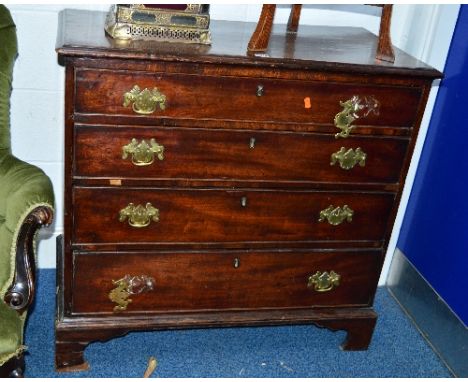 A GEORGIAN MAHOGANY CHEST, of four long graduated drawers with brass handles, on bracket feet, approximate size width 90cm x 