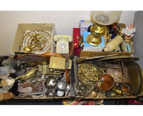 FOUR BOXES AND LOOSE METALWARES AND SUNDRY ITEMS, to include oil lamp, chandelier, telephone etc