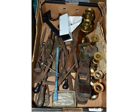 A BOX OF VARIOUS TOOLS, BRASS CANDLESTICKS, DUMMY SECURITY CAMERA ETC