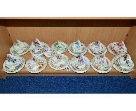 ROYAL ALBERT FLOWERS OF THE MONTH TEAWARES, to include teacups, saucers and side plates, with March having two side plates an