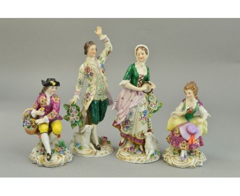 A PAIR OF SITZENDORF FIGURES, girl playing tambourine, with seated lamb at feet and gent dancing with seated lamb at feet, to