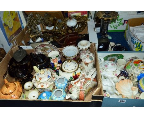 THREE BOXES AND LOOSE CERAMICS AND SUNDRIES, to include teapots, Royal Worcester, fairings pots, black telephone, cherub cand