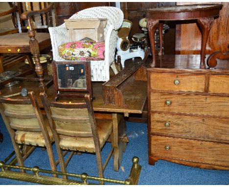 A GEORGIAN MAHOGANY SWING MIRROR, painted bedroom chair, carved oak wall shelf, a walnut occasional table, a brass fender, et