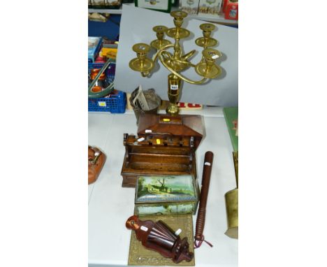 A BRASS FOUR BRANCH CANDELABRA, a tea caddy, a pipe stand with drawer, a small pail containing various postcards, a toffee ti